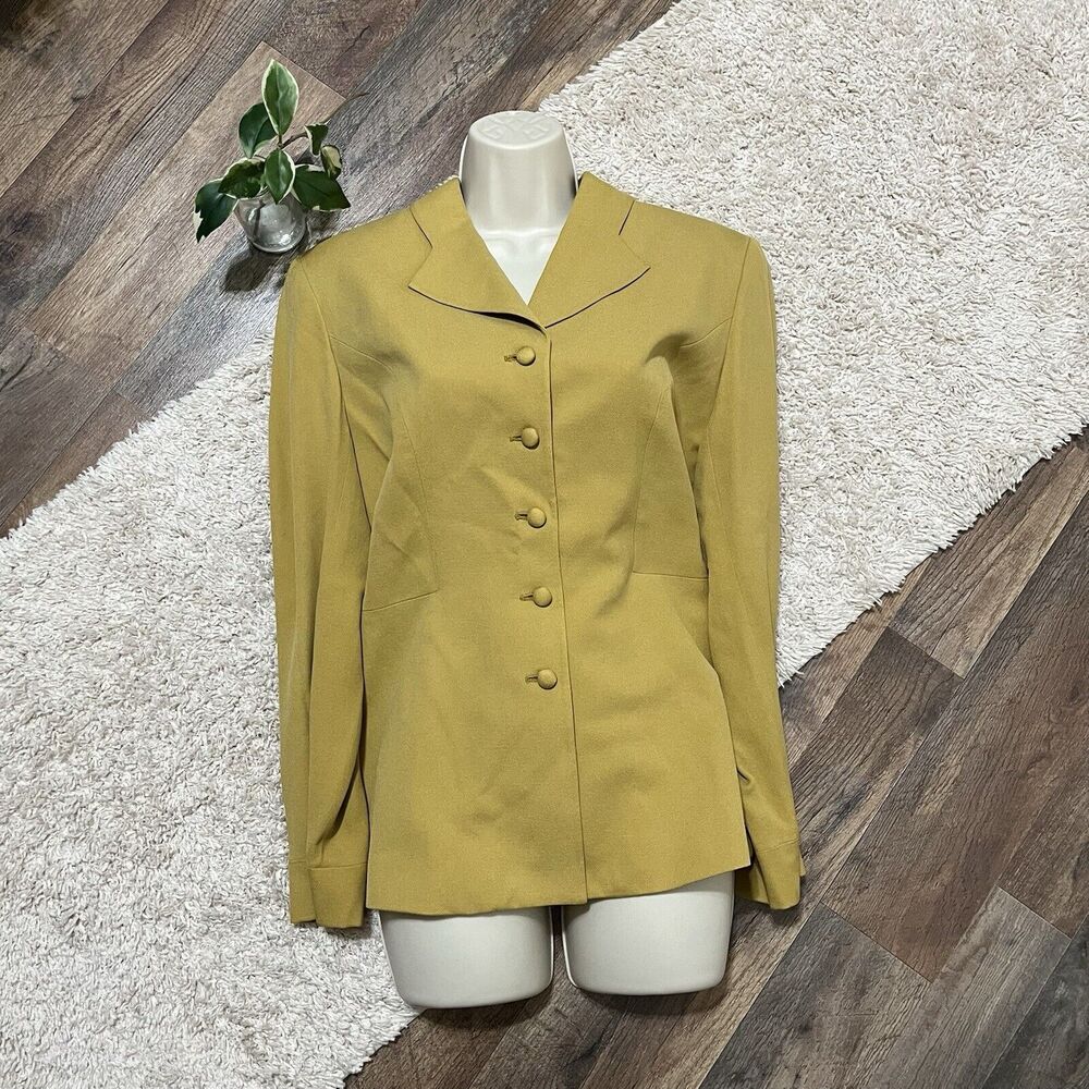 Vintage Saville Size 4 Mustard Yellow 100% Silk Tailored Notched Lapel Blazer